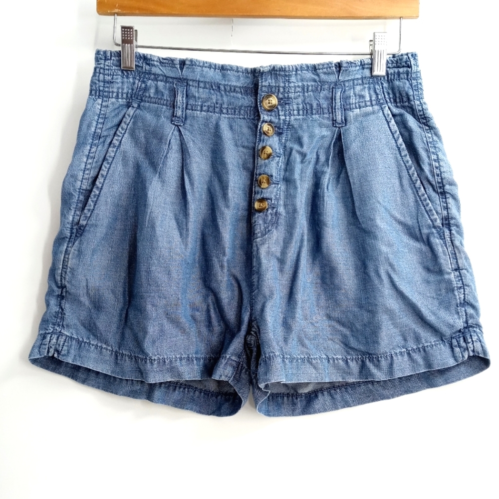 American Eagle Paper Bag Waist Chambray Button Front Mom Shorts